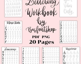 May include: A printable lettering workbook with 20 pages of practice sheets for basic lettering strokes, lowercase and uppercase letters. The workbook is designed by Basfontshop and includes PDF and PNG file formats.
