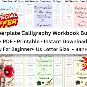 Copperplate Calligraphy Workbook Bundle For Beginners: Lettering practice sheets, Tracing Worksheets, Printable PDF Download