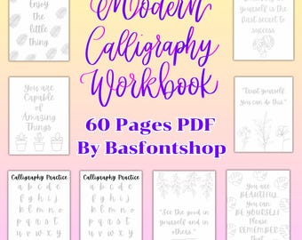 May include: A Modern Calligraphy Workbook with 60 pages, available as a PDF download. The cover features the title in purple script, with inspirational quotes and calligraphy practice pages. The text "Easy for beginner / Instant Download" is also included.