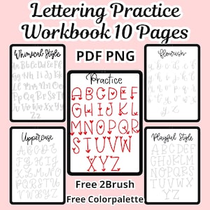 May include: A digital lettering practice workbook with 10 pages, featuring various lettering styles. The image displays examples of uppercase and lowercase alphabets, including whimsical, flourish, and playful styles. The workbook is available in PDF and PNG formats.