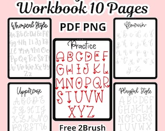 Pode incluir: Um caderno digital de prática de lettering com 10 páginas, apresentando vários estilos de lettering. A imagem mostra exemplos de alfabetos maiúsculos e minúsculos, incluindo estilos caprichosos, floridos e lúdicos. O caderno está disponível em formatos PDF e PNG.