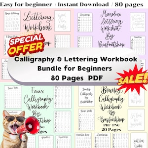Puede incluir: Un paquete de cuadernos de caligrafía y lettering para principiantes. La imagen presenta varias páginas con ejemplos de letras, incluyendo trazos básicos, alfabetos en minúsculas y mayúsculas, y líneas de práctica. El paquete incluye 80 páginas y está disponible para descarga instantánea.