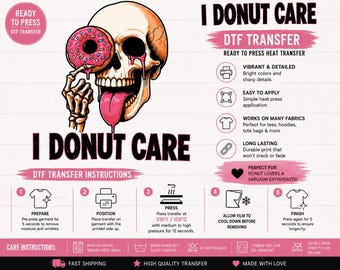 I Donut Care Skull DTF Transfer | Pink Donut Heat Transfer | Ready to Press Design Spooky