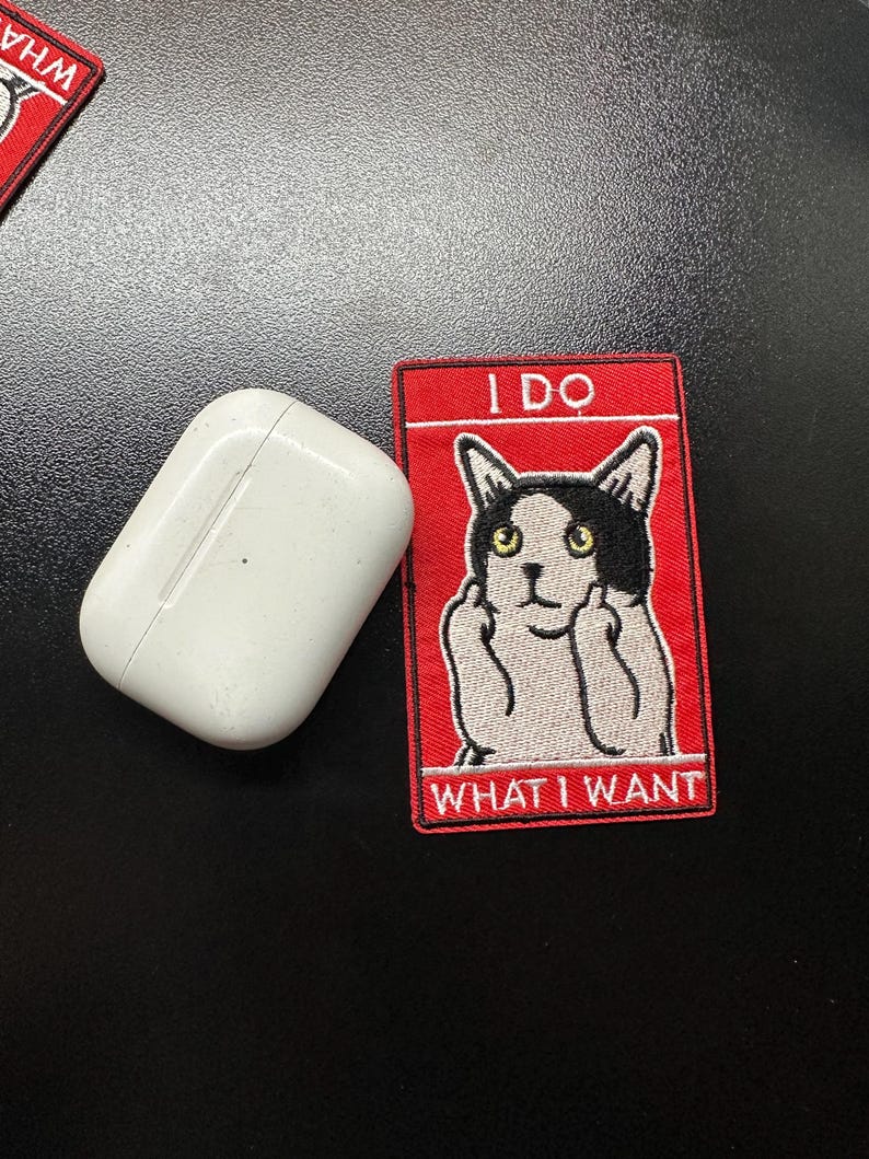 May include: A white wireless earbud case next to a red patch with the text "I DO WHAT I WANT" and a cat illustration. The patch has a black and white cat with its middle fingers up.