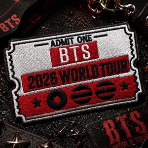 May include: A rectangular embroidered patch shaped like a ticket with white and red sections. It features the text ADMIT ONE, BTS, and 2026 WORLD TOUR in black and white lettering, along with three circular black symbols and two small black stars.