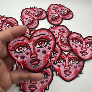 Embroidered Heart Face Patch | Pink Coquette Gothic Valentine Wearable Art (Iron-On)
