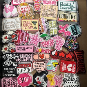 May include: A collection of embroidered patches in various shapes and colors. The patches feature text like "Cowgirl Hat," "Friends Don't Lie," and "Bad Hair Day." Other patches display images of a martini glass, cherries, and a cat.