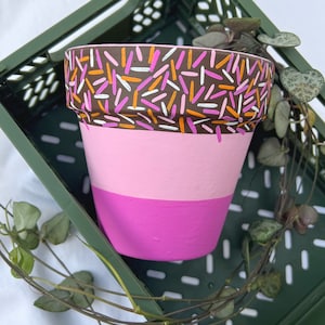 May include: A pink and purple ceramic planter with a brown, white, pink, and orange sprinkle design around the top rim.