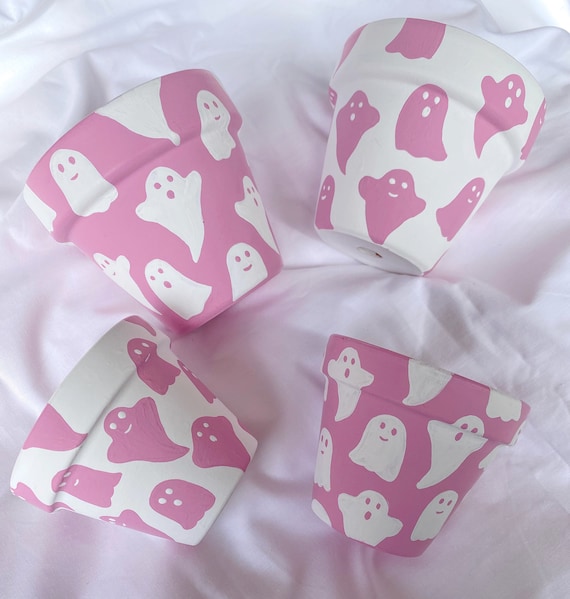 Hand Painted White and Pink Halloween Ghost  Indoor Plant Pot, Terracotta Planter, Flower Pot