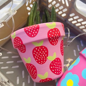 May include: A pink terracotta planter with a strawberry pattern. The planter is filled with a green succulent plant.