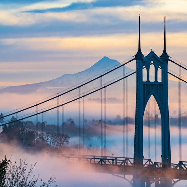 St. Johns Bridge with Mount Hood at sunrise