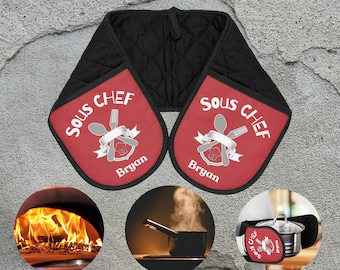 SOUS CHEF Doppel-Ofenhandschuh – personalisierte Doppel-Ofenhandschuhe – individuelle Ofenhandschuhe – Koch-Geschenk, Doppel-Ofenhandschuh, Kochgeschenk für Chef