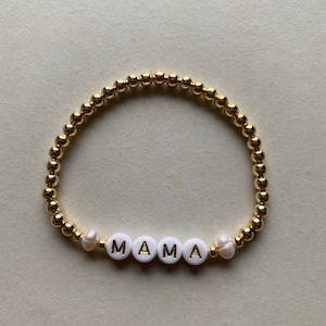 White and gold alphabet with fresh water pearl personalised bead bracelet