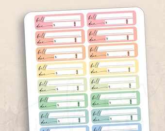 May include: A sheet of colorful bill due stickers with blank spaces to write in the bill name, amount due, and date paid. The stickers are in a rainbow of colors, including pink, orange, yellow, green, blue, purple, and lavender.