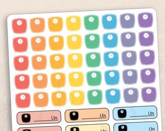 May include: A weight loss tracker sheet with 60 colorful weight scale stickers. Each sticker has a space to write in pounds.