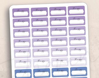May include: A sheet of 48 purple, blue, and white planner stickers with the word "Therapy" written on each sticker. The stickers are rectangular with rounded corners and have a white space for writing.