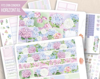 Horizontal Hydrangeas Watercolor Weekly Sticker Kit, Erin Condren LifePlanner 7x9, Printed stickers, Weekly planner, Summer, Floral, Minimal
