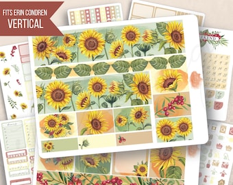 Vertical Sunflowers Watercolor Weekly Sticker Kit, Erin Condren LifePlanner 7x9, Weekly planner, Summer Planner Stickers, Yellow Floral