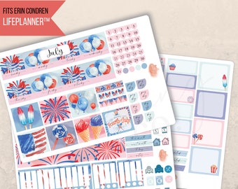 July Stars & Stripes Monthly Planner 7x9 Sticker Kit, Erin Condren LifePlanner, Printed stickers, Watercolor, Patriotic, Month spread, USA