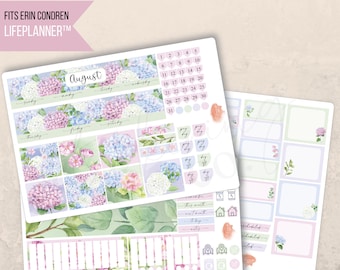 August Hydrangeas Watercolor Monthly Planner 7x9 Sticker Kit, Erin Condren LifePlanner, Printed stickers, Monthly spread, Floral, Aesthetic