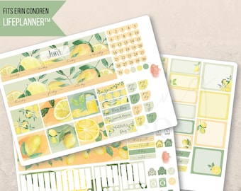 June Monthly Planner Lemons 7x9 Sticker Kit, Erin Condren LifePlanner, Printed stickers, Lemons Watercolor, Aesthetic, Minimal, Month spread