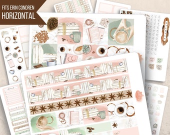 May include: A set of planner stickers featuring a coffee and book theme. The stickers are in a watercolor style with pink, brown, and green colors. The stickers include coffee cups, books, glasses, and other coffee-related items. The stickers are designed to fit Erin Condren planners.