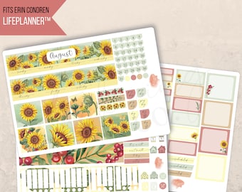 August Sunflower Watercolor Monthly Planner 7x9 Sticker Kit, Erin Condren LifePlanner, Printed stickers, Month spread, Floral, Aesthetic