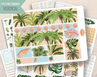 Vertical Tropical Palms Weekly Sticker Kit, Erin Condren LifePlanner 7x9, Printed stickers, Vacation planner, Summer, Aesthetic, Minimal