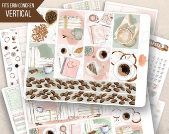 Vertical Coffee & Books Weekly Sticker Kit, Erin Condren LifePlanner 7x9, Weekly planner, Cozy, Cafe, Novel, Aesthetic, Minimal, Watercolor