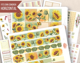 Horizontal Sunflowers Watercolor Weekly Sticker Kit, Erin Condren LifePlanner 7x9, Printed stickers, Summer, Floral, Aesthetic, Minimal