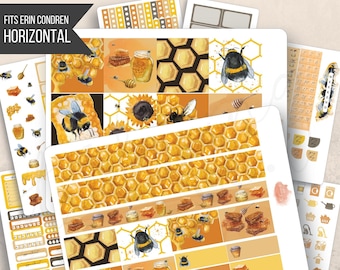 Horizontal Honey Bees Watercolor Weekly Sticker Kit, Erin Condren LifePlanner 7x9, Printed stickers, Weekly planner, Honeycomb, Aesthetic