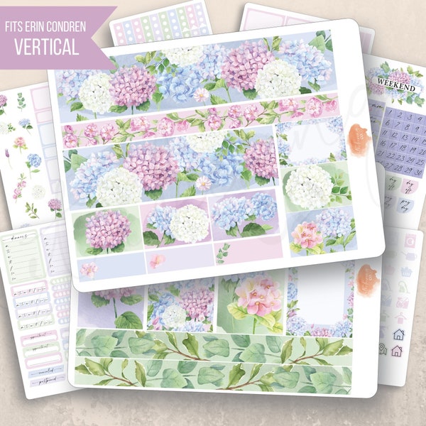 Vertical Hydrangeas Watercolor Weekly Sticker Kit, Erin Condren LifePlanner 7x9, Weekly planner, Summer stickers, Floral, Pastels, Aesthetic
