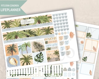 June Tropical Palms Monthly Planner 7x9 Sticker Kit, Erin Condren, Printed stickers, Monthly planner, Summer, Palm trees, Beach, Aesthetic