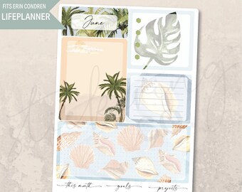 Notes Page June Tropical Palms 7x9 Monthly Planner sticker sheet, Erin Condren LifePlanner, Seashell, Aesthetic, Beach, Summer, Minimal A5