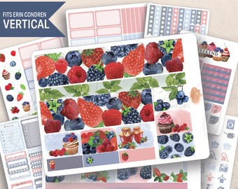 Vertical Summer Berries Weekly Sticker Kit, Erin Condren LifePlanner 7x9, Printed stickers, Weekly planner, Watercolor, Red white & blue