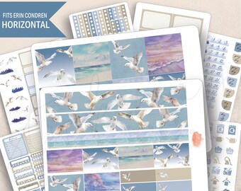 Horizontal Seagulls Weekly Sticker Kit, Erin Condren LifePlanner 7x9, Printed stickers, Beach, New York City, Sand, Minimal, Aesthetic