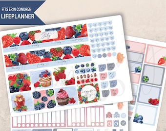 July Summer Berries Monthly Planner 7x9 Sticker Kit, Erin Condren Kit, Printed stickers, Monthly planner, Summer, 4th of July, Fresh Berries