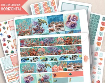 Horizontal Coral Reef Weekly Sticker Kit, Erin Condren 7x9, Printed, Tropical, Ocean, Summer, Aesthetic, Watercolor, Beach, Vacation, Diving