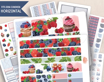 Horizontal Summer Berries Weekly Sticker Kit, Erin Condren LifePlanner 7x9, Printed stickers, Weekly planner, July, Aesthetic, Fresh Berries