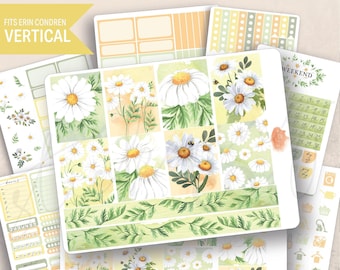 Vertical Daisies Weekly Sticker Kit, Erin Condren LifePlanner 7x9, Weekly planner, Yellow floral, Spring Sticker, Watercolor, Shasta Daisy