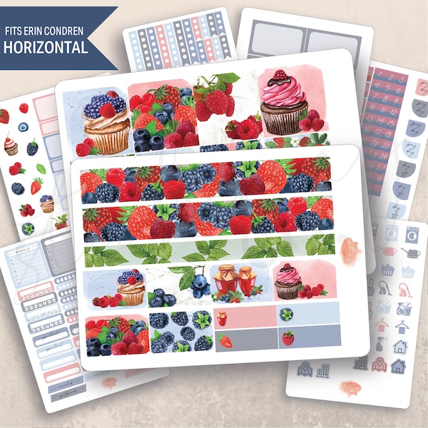 Horizontal Summer Berries Weekly Sticker Kit, Erin Condren LifePlanner 7x9, Printed stickers, Weekly planner, July, Aesthetic, Fresh Berries
