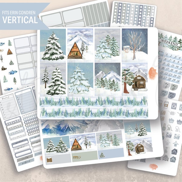 Vertical Snowy Pines Weekly Sticker Kit, Erin Condren LifePlanner 7x9, Weekly planner, Cozy, Watercolor, Pine trees, Mountains, Aesthetic