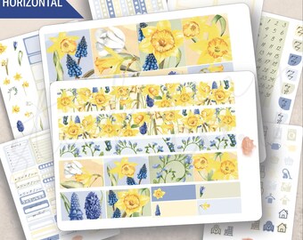Horizontal Daffodils Weekly Sticker Kit, Erin Condren 7x9, Printed sticker, Floral, Spring, Watercolor, Aesthetic, Minimal, Bright