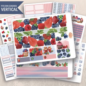 Vertical Summer Berries Weekly Sticker Kit, Erin Condren LifePlanner 7x9, Printed stickers, Weekly planner, Watercolor, Red white & blue