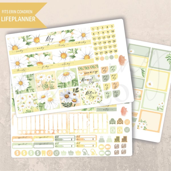May Daisies Monthly Planner 7x9 Sticker Kit, Erin Condren Kit, Printed stickers, Month spread, Spring, Mother's Day, Memorial Day, Floral