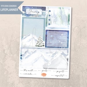 Notes Page January Snowy Pines 7x9 Monthly Planner, Erin Condren, Printed Kit, Winter, Cold weather, Mountains, Watercolor, Snow, Stars, A5