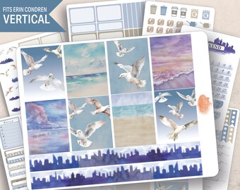 Vertical Seagulls Weekly Sticker Kit, Erin Condren LifePlanner 7x9, Printed stickers, Beach, New York City, Sand, Aesthetic, Minimal, Blue