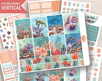 Vertical Coral Reef Weekly Sticker Kit, Erin Condren LifePlanner 7x9, Printed stickers, Tropical, Vacation, Beach, Aesthetic, Ocean, Fish