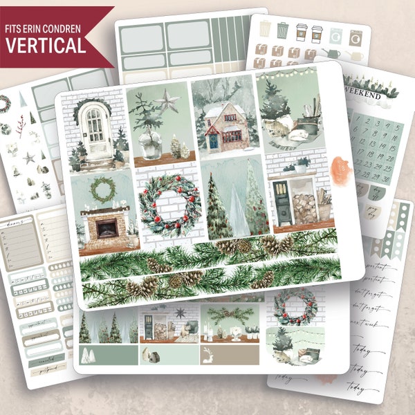 Vertical Cozy Holiday Weekly Sticker Kit, Erin Condren, Weekly planner, Winter Watercolor, Christmas stickers, Minimal, Aesthetic, Gifts