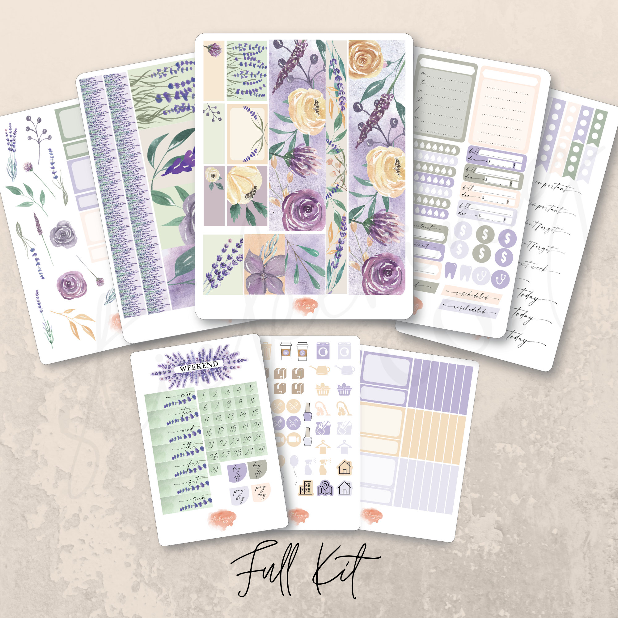 Vertical Lavender & Ivory Floral Weekly Sticker Kit, Erin Condren ...